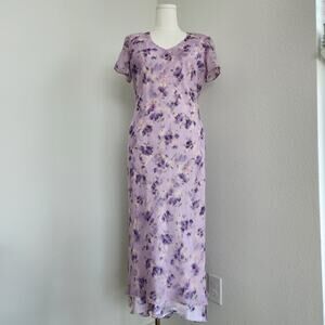 Vintage 90s Positive Attitude Purple Floral Midi Sheer Dress Short Sleeve 12